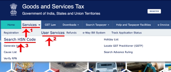 GST Portal HSN Search Step 1