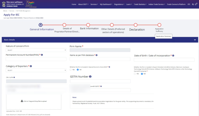Step 4: Entering basic business details and firm name for IEC registration