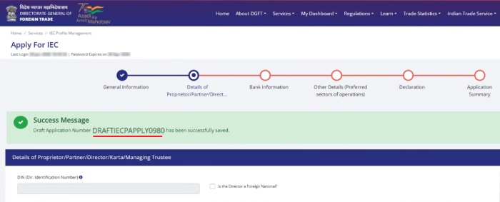 Step 5 (Sub): Draft application number generation for IEC registration