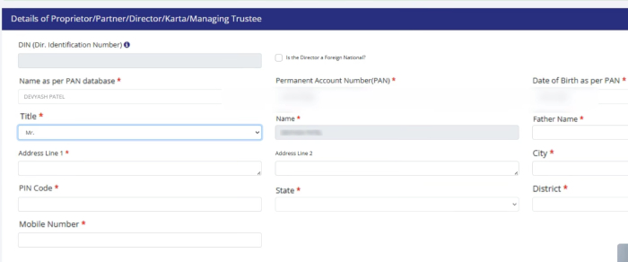 Step 6: Entering proprietor partner and director details in DGFT portal