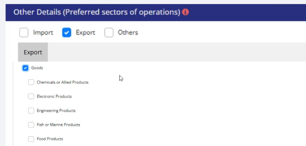 Step 8: Selecting import export goods and services categories in DGFT form