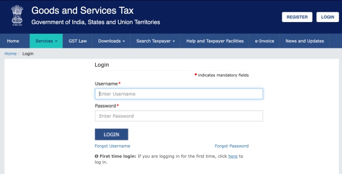 Step 1: GST Portal Login screen for filing Letter of Undertaking LUT
