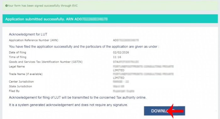 Step 10: GST LUT ARN acknowledgement generation after successful filing