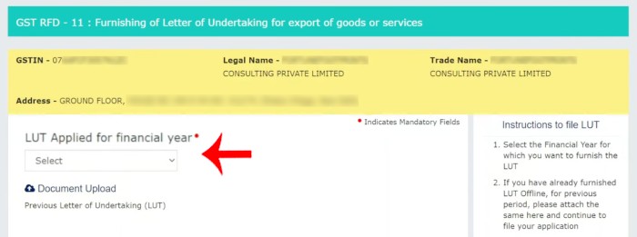 Step 3: Selecting Financial Year 2026-27 for GST LUT filing