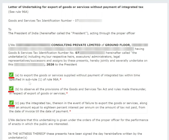 Step 5: GST LUT Form RFD-11 three mandatory declaration checkboxes