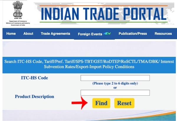 Indian Trade Portal HSN Search Step 1